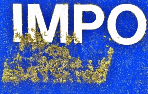 A blue sign covered in a sporadic community of algae. A rectangular sticker has once been placed on the sign, and whilst this has long ago decayed, the glue that once held it in place allows a more vigorous community of the same algae to grow